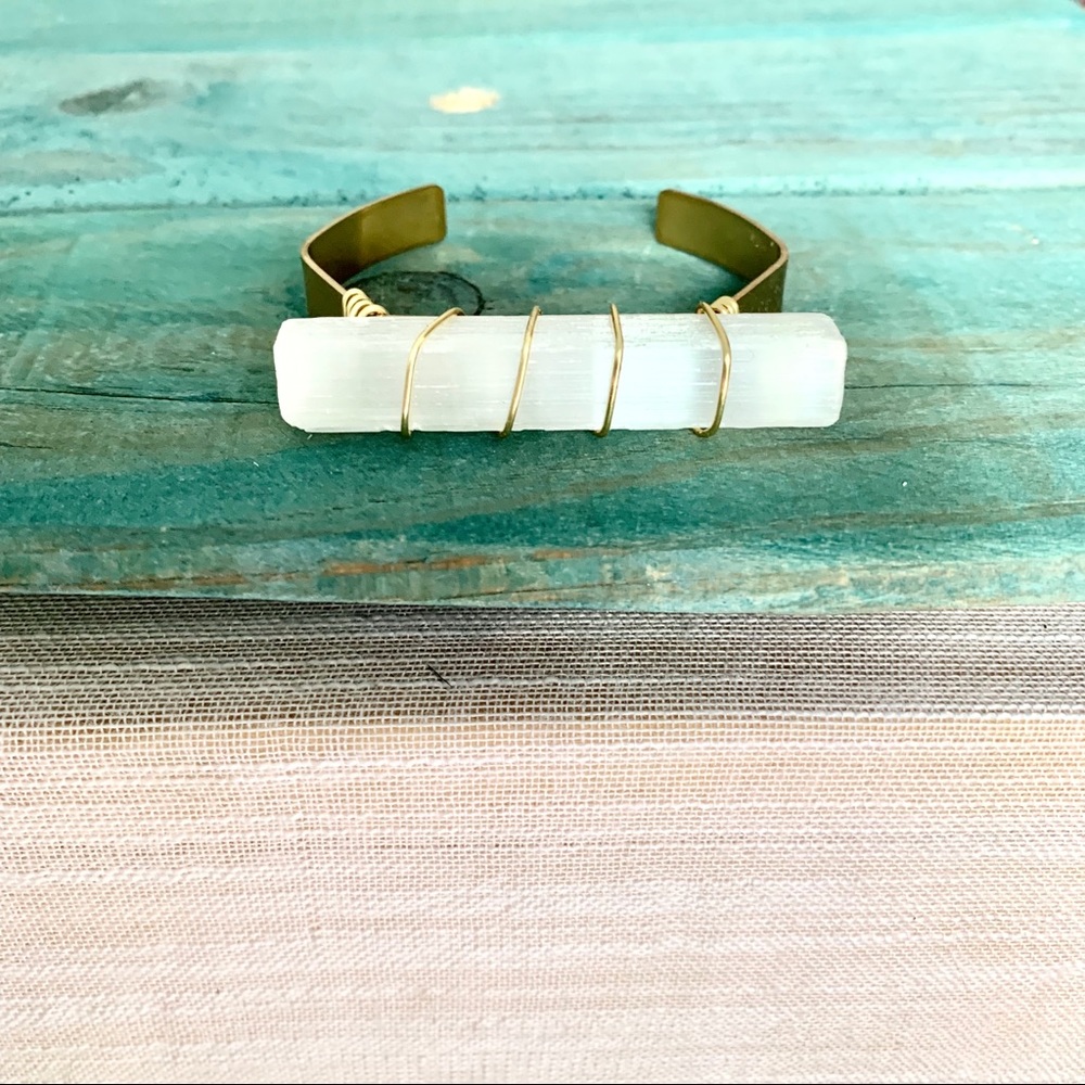 Selenite & Brass Wire Geometric Cuff Bracelet - Picture 8 of 8